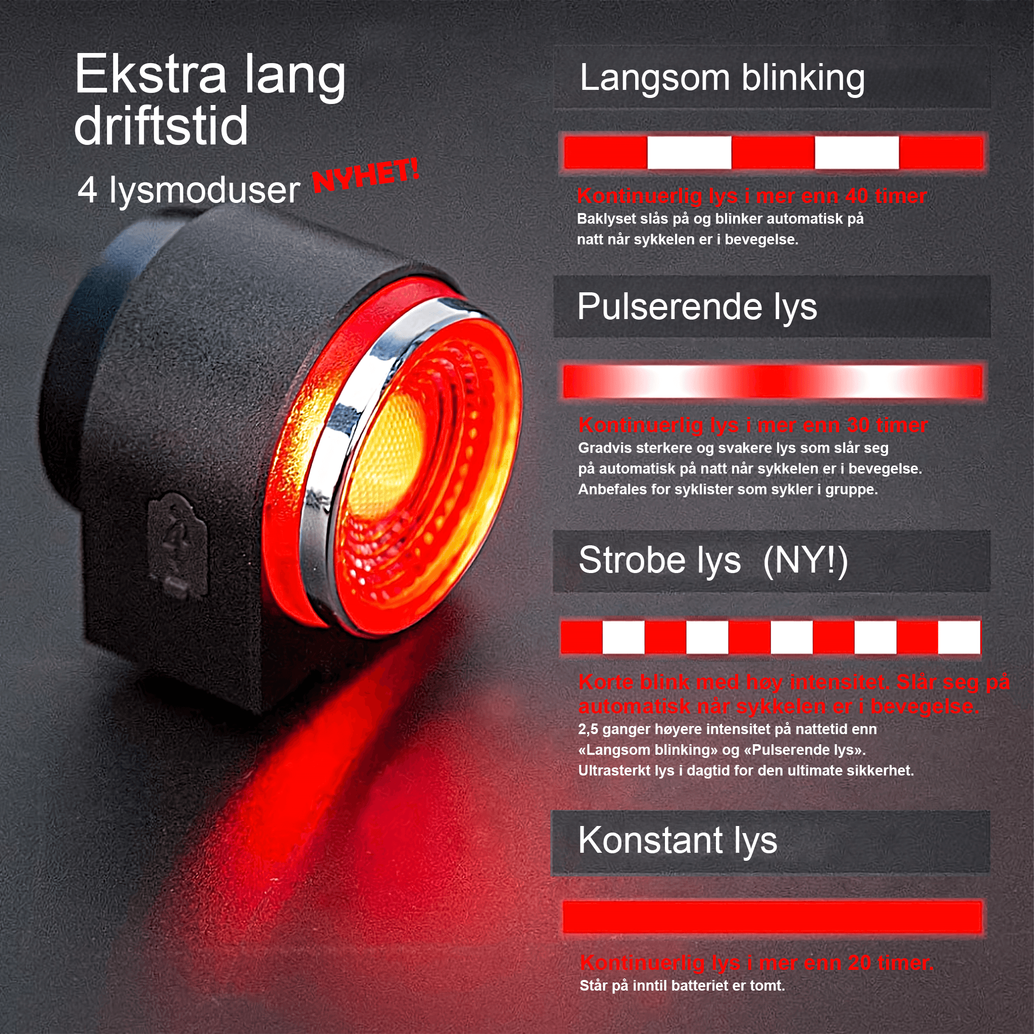 ebiketech A8 Luminous sykkelalarm, bremselys og baklykt - med fjernkontroll - 115dB - Oppladbart batteri - En ekstra tyverisikring for din elsykkel! - ebiketech
